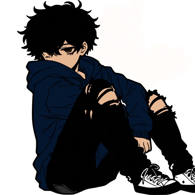 a male hoddie ripped jeans messy hair anime
