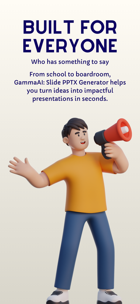 Um personagem 3D com um megafone promovendo o GammaAI como um gerador de apresentações com IA para estudantes e profissionais