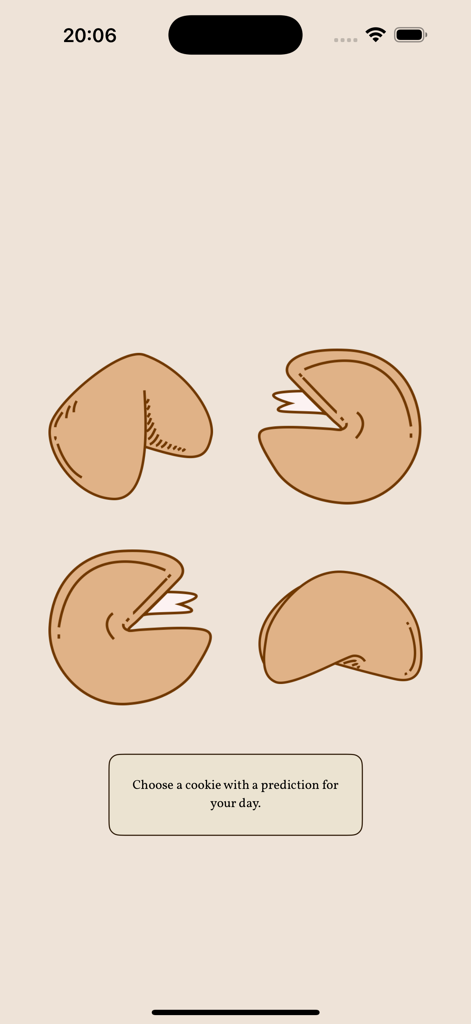 Fortune Cookie: daily quotes - Interfaz de aplicación minimalista que muestra cuatro galletas de la fortuna dibujadas a mano y una indicación para elegir una predicción diaria