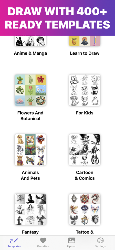 AR Drawing app screen showing various drawing template categories including anime manga flowers and animals