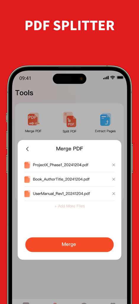 処理のために選択されたドキュメントのリストとともにPDFマージ機能を示すiOSアプリインターフェイス