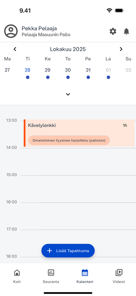 Agenda do atleta no aplicativo MyE Way mostrando um calendário semanal e uma sessão de treinamento planejada.