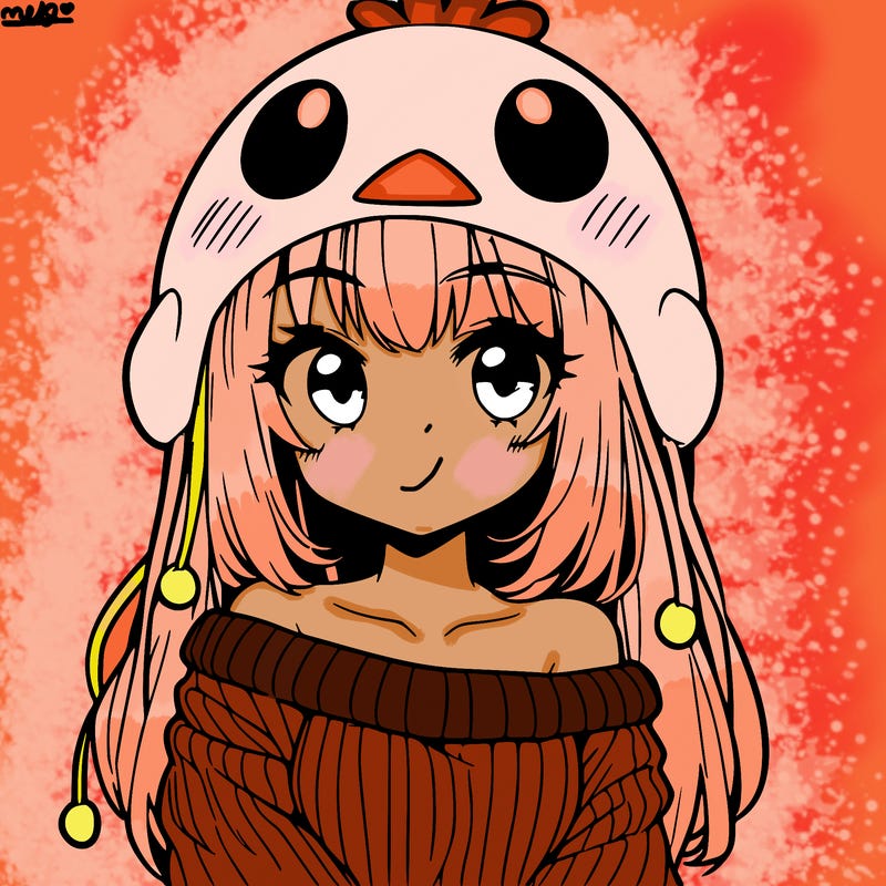 anime girl with chick shaped hat with sweater with bare shoulders with bangs covering them one eye with low tail