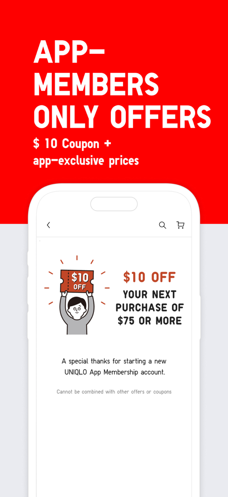 UNIQLO app screen showing a 10 dollar off coupon for new members on purchases of 75 dollars or more.