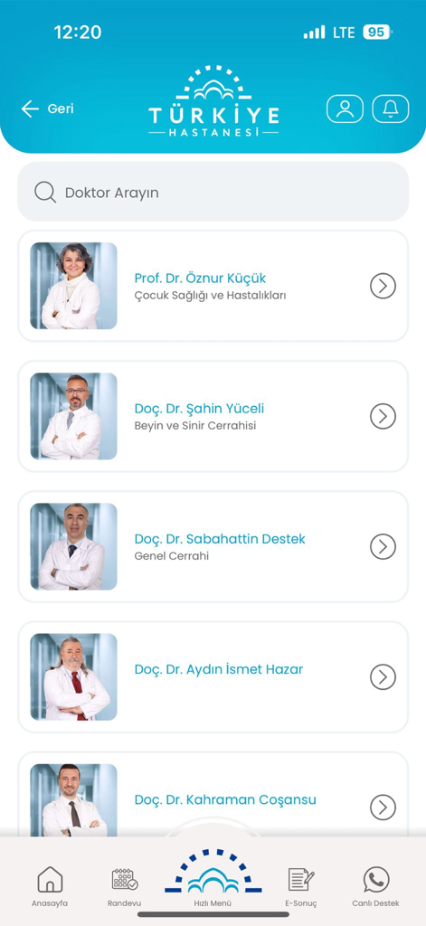 A list of doctors in the Turkiye Hastanesi mobile app showing their names and specialties with a search bar at the top