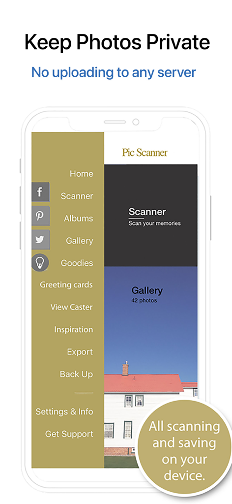 Pic Scanner Gold: Scan photos - Mobile app interface highlighting private on-device photo scanning and local storage with no server uploads.