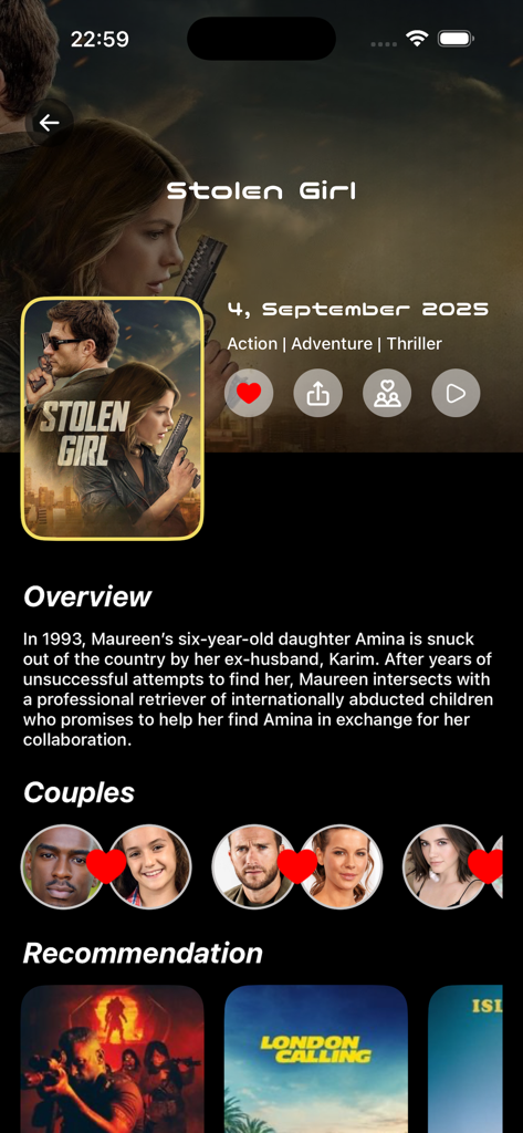 Magis TV & Movie Vault - Movie details page in Magis TV app featuring movie synopsis and couple pairings