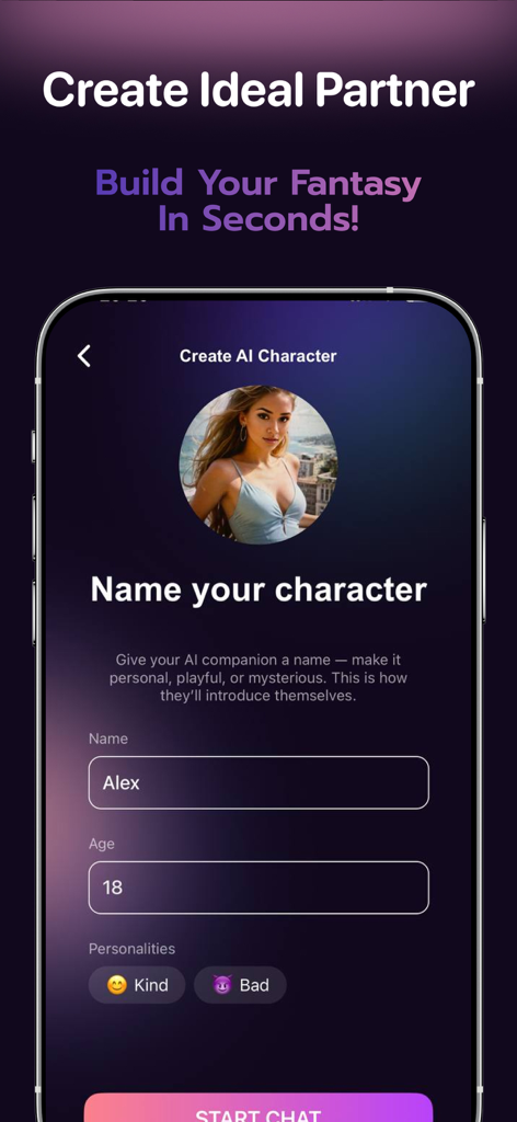 A mobile app interface for creating an AI character with fields for name age and personality traits