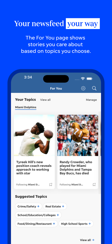 Personalized newsfeed on the Palm Beach Post app showing local topics and sports news