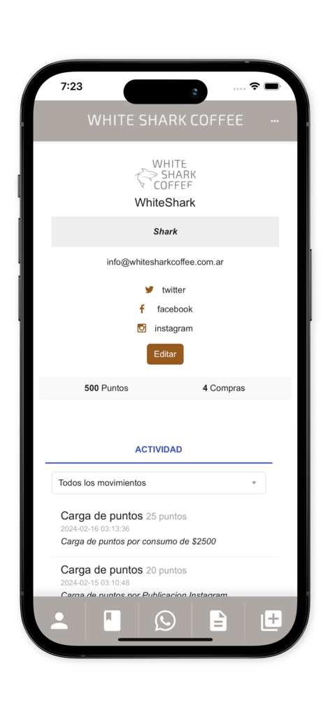 White Shark Coffee - White Shark Coffee app user profile screen displaying loyalty points and reward activity history