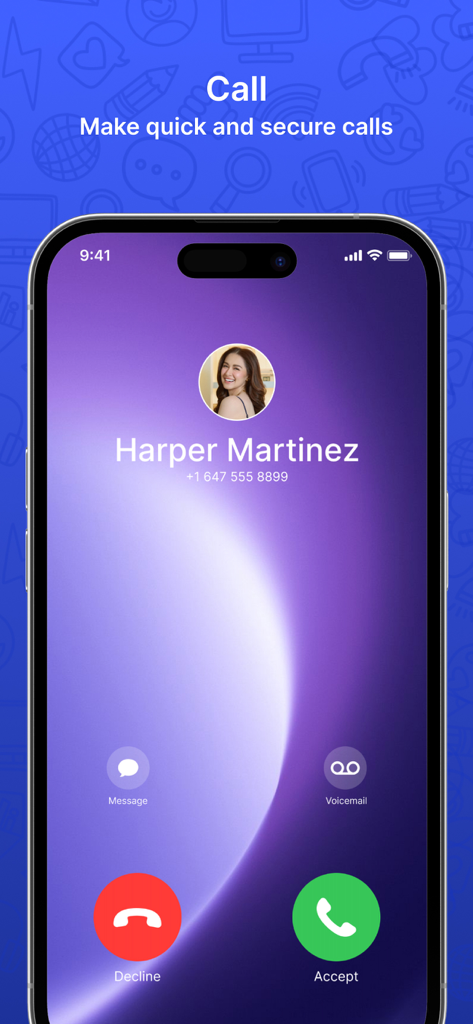 Incoming call interface in the Call App ID Sessions app showing contact name Harper Martinez and call response options