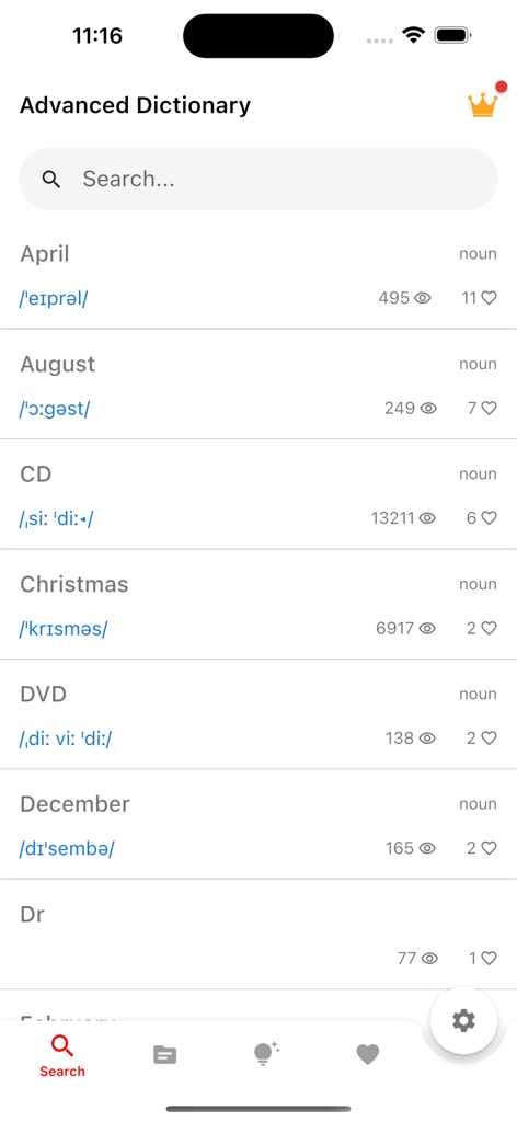 English Dictionary - LDOCE 6th - Screenshot of the English Dictionary LDOCE 6th app showing a list of words with phonetic transcriptions and search functionality.
