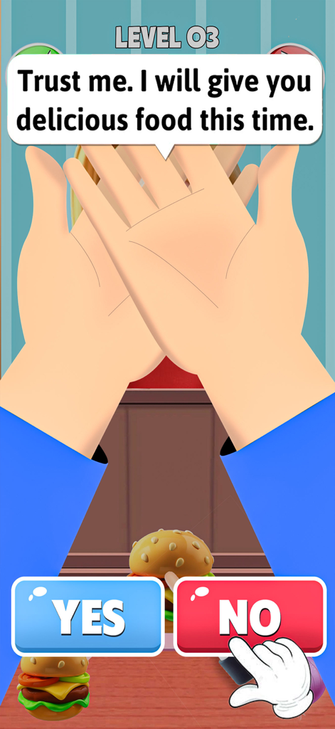 Gameplay von Yes or No Food Prank Game, das eine Blindfolded Challenge mit Auswahlbuttons für Essen zeigt