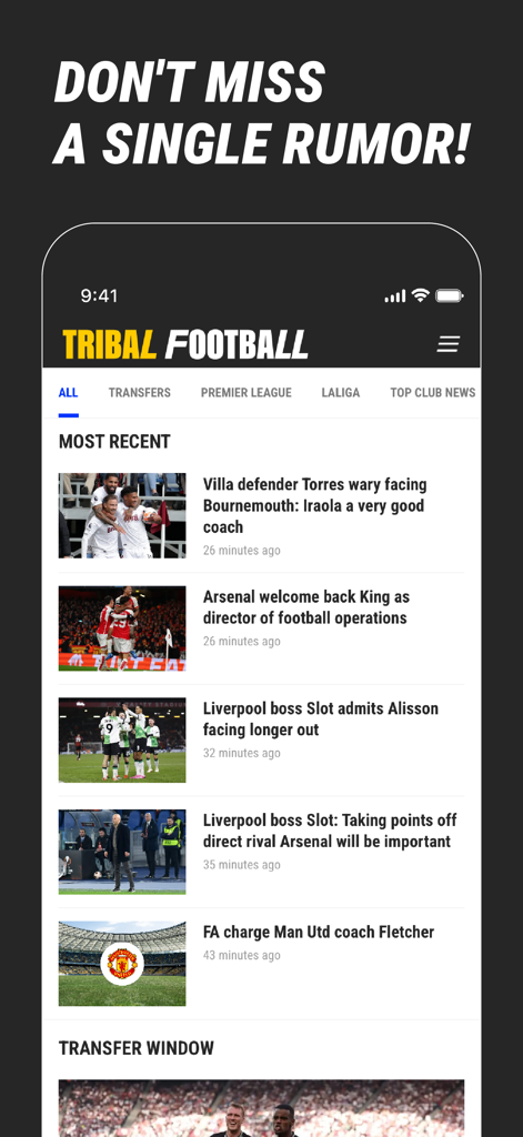 A screenshot of the Tribal Football app showing the most recent football news stories and transfer rumors feed on a mobile device.