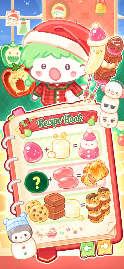 A festive recipe book screen in the Tanghulu Master game showing snack combinations and a cute character in a Santa hat