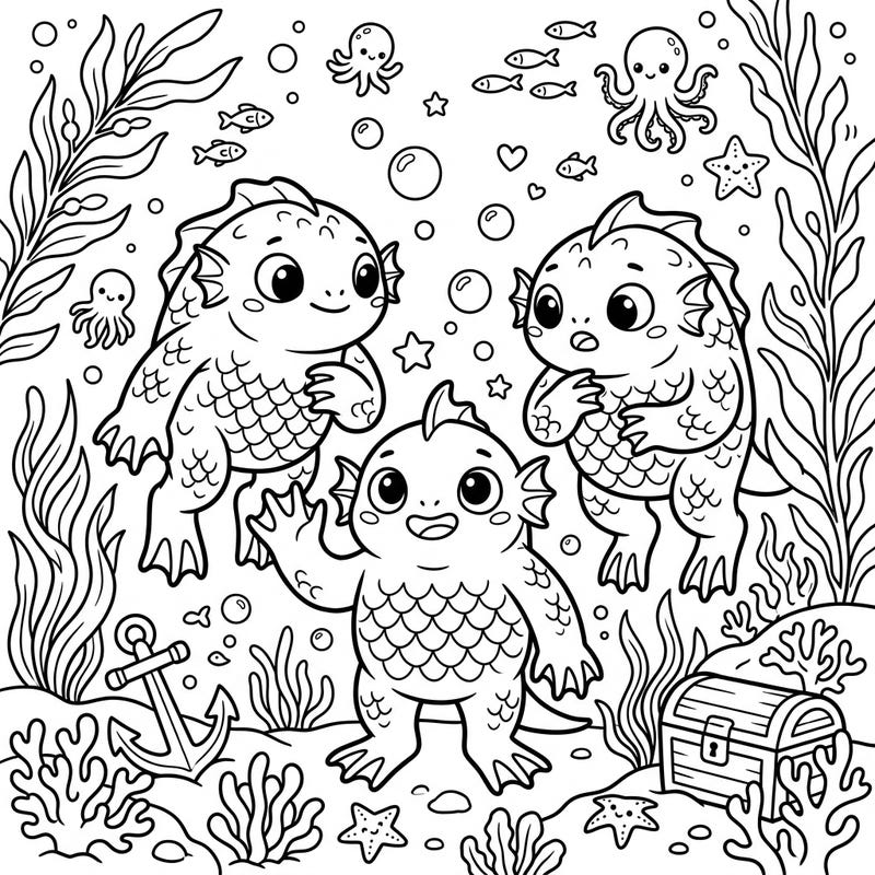 Explore a vibrant underwater world with our delightful Eldritch Deep Ones coloring page, specially designed for kids. Little artists will love bringing these friendly sea creatures and their ocean home to life with their favorite colors.