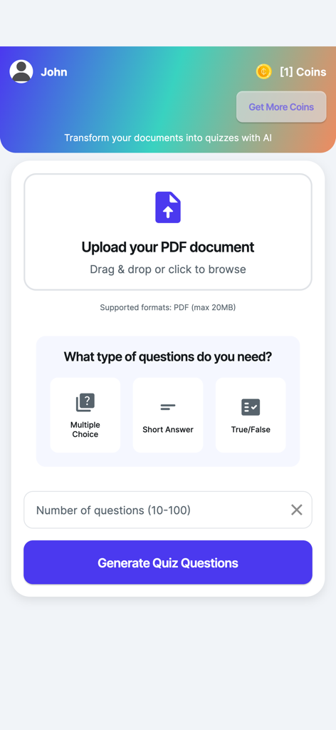 PrepForge - PrepForge screen for uploading PDFs and selecting quiz question types.