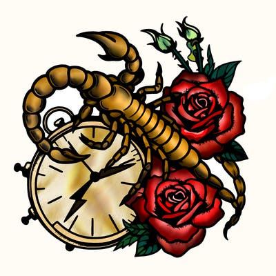 scorpion with roses and the tail wrapped around a broken time clock