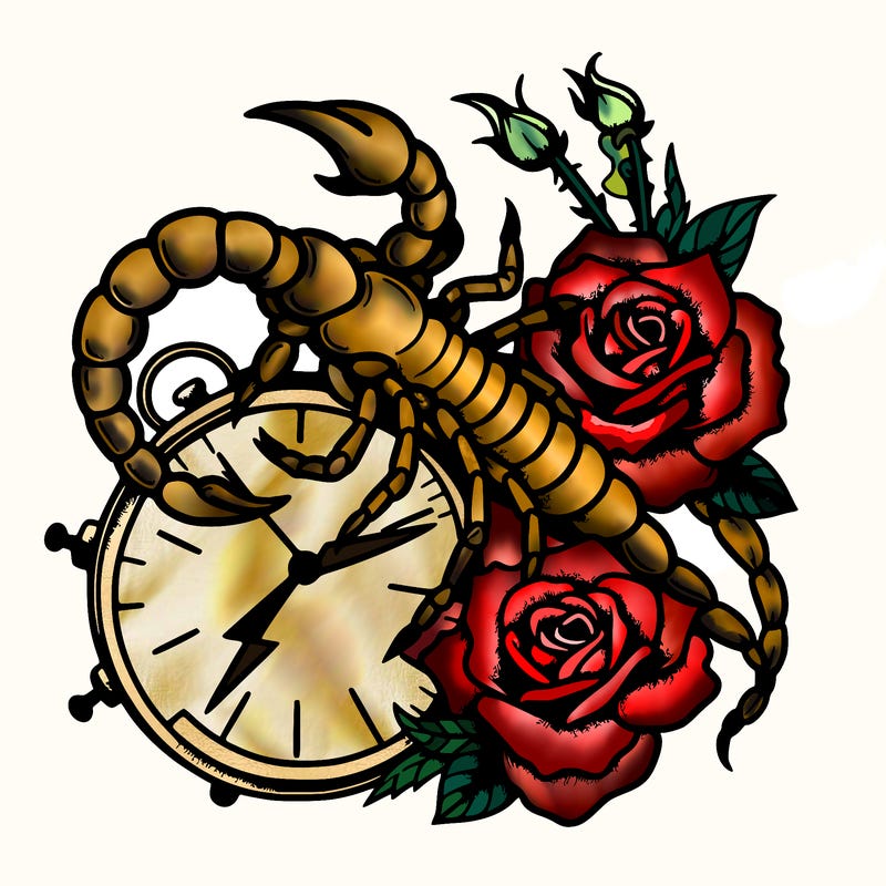 scorpion with roses and the tail wrapped around a broken time clock