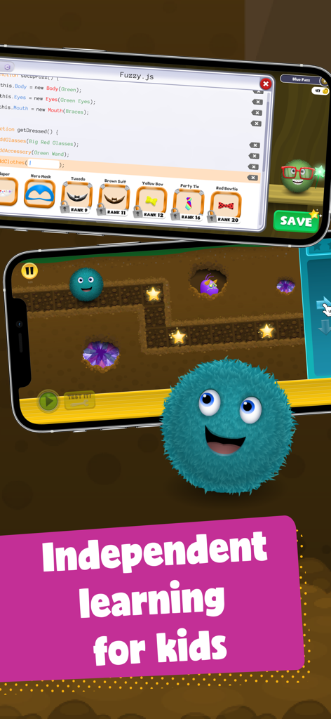Kodable Basics app interface showing independent learning through coding mazes and character customization for kids