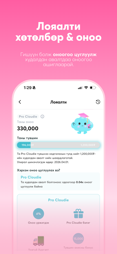 Cloud Nine Beauty - Interface de l'application mobile Cloud Nine Beauty montrant les points de fidélité et le statut de membre Pro Cloudie