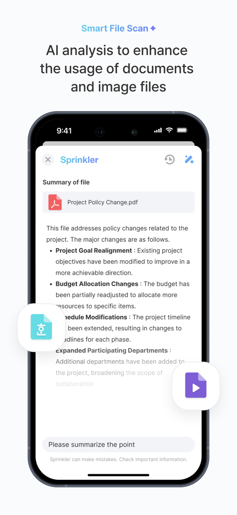 A mobile interface of the JANDI app showcasing the Smart File Scan feature which uses AI to analyze and summarize a PDF document.