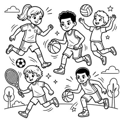 Ignite your child's passion for play with this dynamic sports coloring page! Watch them bring to life young athletes dribbling, kicking, and jumping in exciting action.