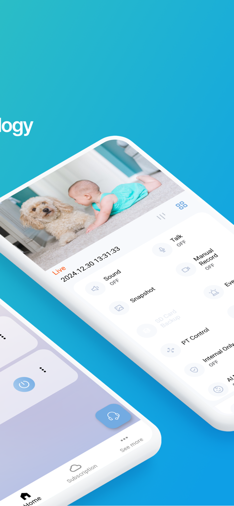 EGLOO - EGLOO app interface showing a live video feed of a baby and a dog with camera controls