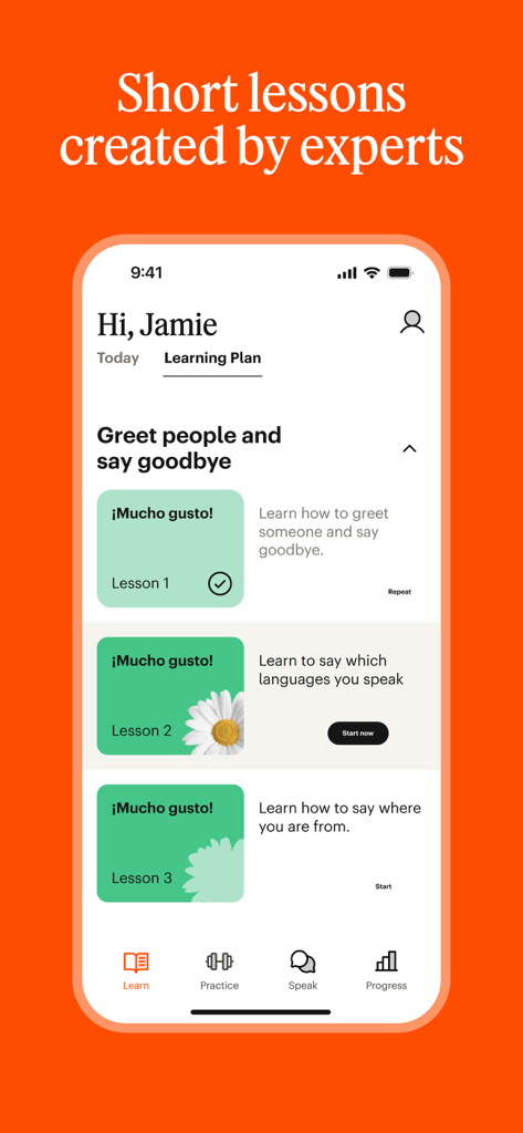 Interface de l'application mobile Babbel présentant un plan d'apprentissage de l'espagnol avec des leçons sur les salutations.