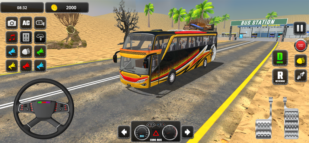 RoadMaster: Bus Simulator - RoadMaster Bus Simulator gameplay showing a yellow bus driving on a desert road with mobile controls