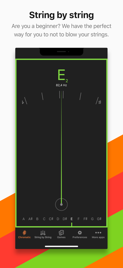 Cifra Club Tuner app showing the string by string tuning interface for beginners with a green indicator for the note E