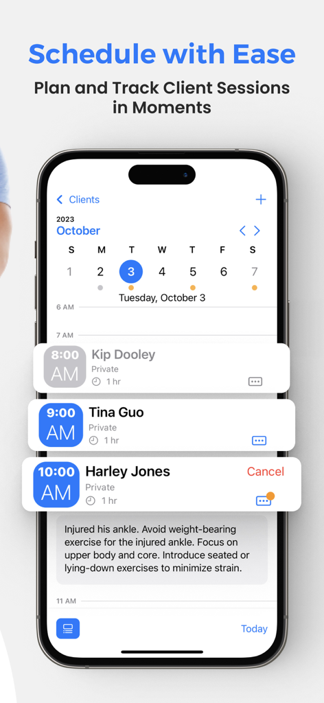 PT Sessions app screenshot showing personal trainer client scheduling and session notes.