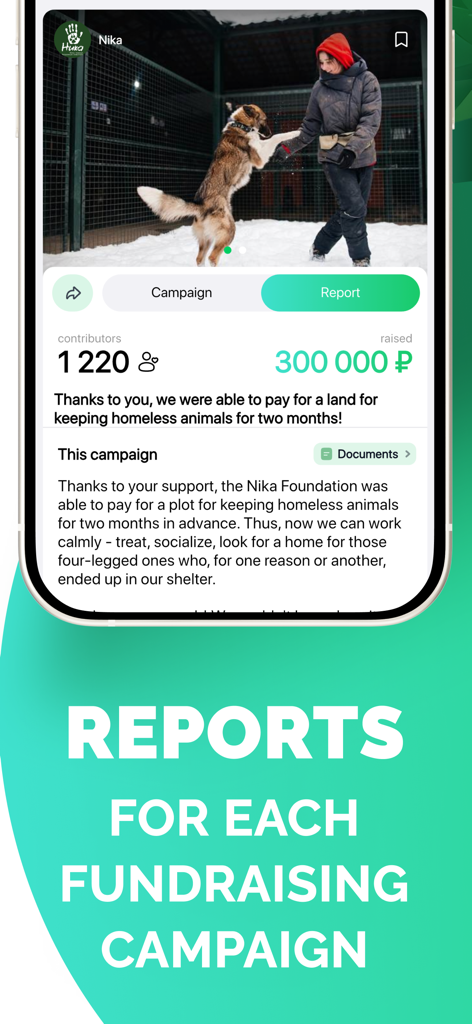 Tooba app screenshot showing a fundraising report for an animal shelter campaign with contributor and donation statistics