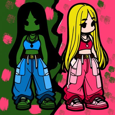 girl in baggy pants crop top and long hair