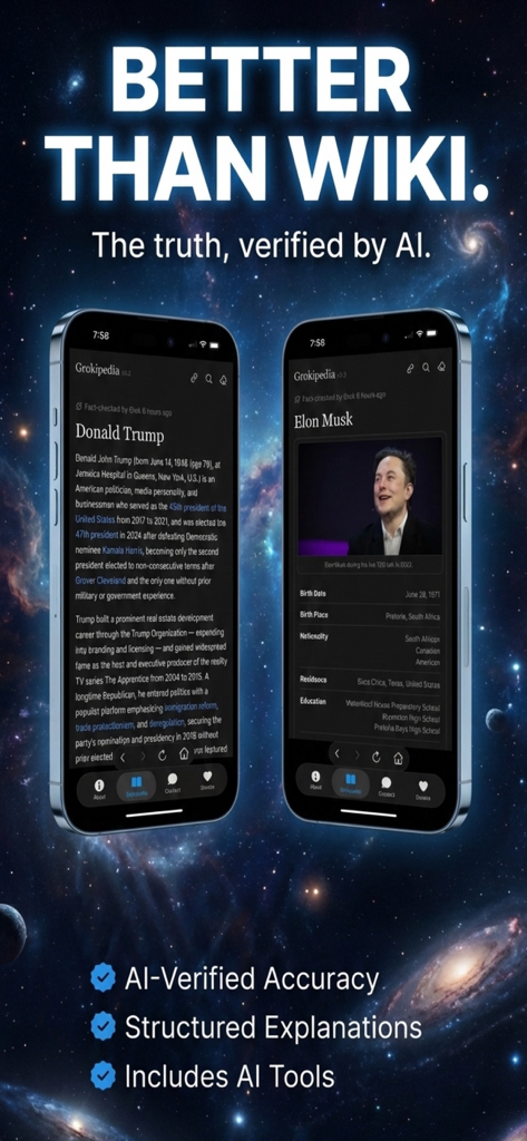 Groki Powered by Grokipedia - Captura de pantalla de la interfaz de la aplicación Groki que muestra artículos verificados por IA sobre Donald Trump y Elon Musk con fondo de galaxia