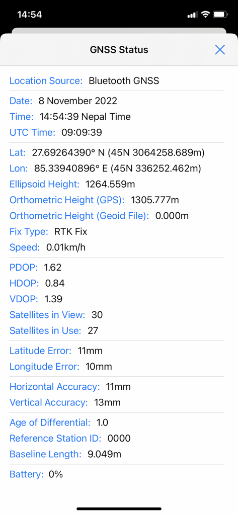SW Maps - GNSS status screen in SW Maps showing high precision RTK fix and accuracy metrics