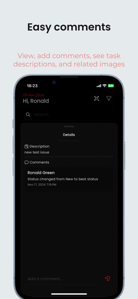 RedLog app interface showing task description and user comments on an iPhone