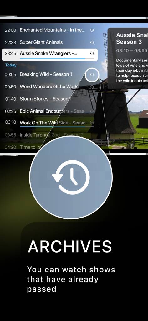 Alice Player IPTV Ott - Interfaz de la aplicación Alice Player IPTV que muestra la sección de archivos donde los usuarios pueden ver programas de TV emitidos anteriormente.