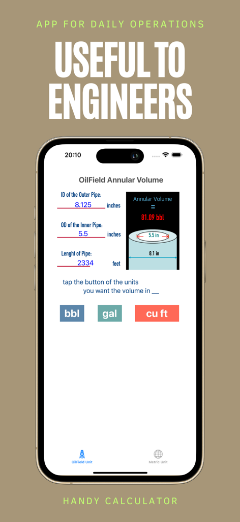 Mobile app interface for calculating oilfield annular pipe volume