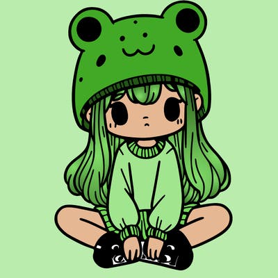 a girl wearing a frog hat and some frog socks