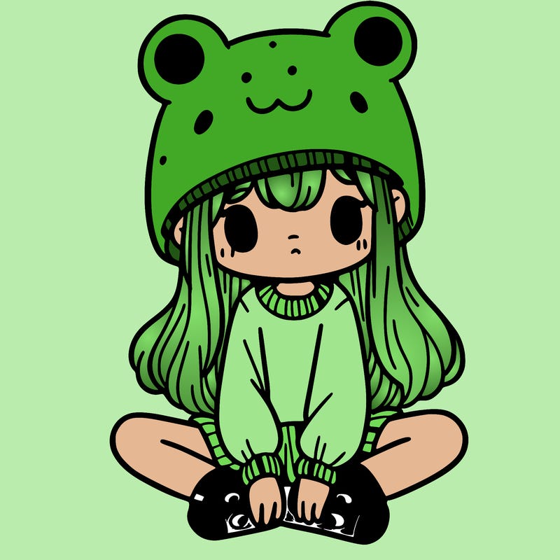 a girl wearing a frog hat and some frog socks