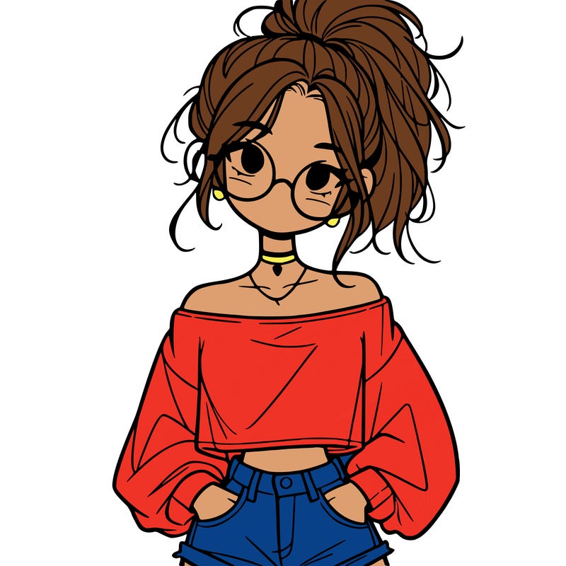 girl with a messy ponytail glasses a baggy crop top and jean shorts