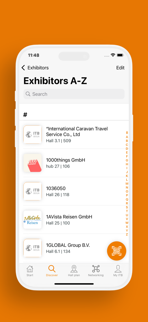 ITB Berlin - Alphabetical list of exhibitors in the ITB Berlin app showing company names and hall locations