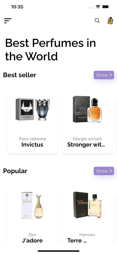Startbildschirm der Perfumes Book App mit meistverkauften und beliebten Düften