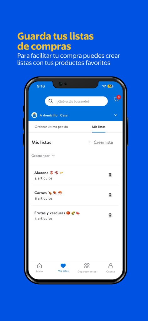 Walmart Centroamérica - Pantalla de la aplicación Walmart Centroamerica que muestra listas de compras organizadas para artículos de despensa, carnes y productos agrícolas
