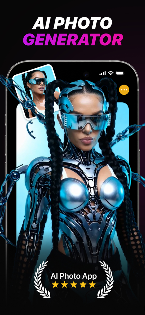 PixVerse AI - Video Generator - Das Porträt einer Frau, das mit dem PixVerse AI-Fotogenerator in einen futuristischen, robotischen Cyborg verwandelt wurde.