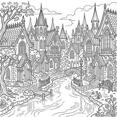 Step into a world where charm meets shadow with this exquisite Gothic Riverside Cottages coloring page. Intricate Victorian-inspired architecture lines a serene river, inviting you to add your unique touch of mystique to every detail.