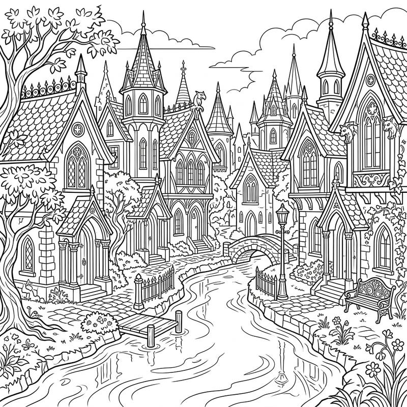 Step into a world where charm meets shadow with this exquisite Gothic Riverside Cottages coloring page. Intricate Victorian-inspired architecture lines a serene river, inviting you to add your unique touch of mystique to every detail.