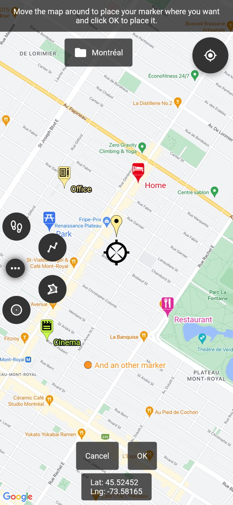 Una interfaz de mapa que muestra marcadores personalizados para el hogar, la oficina y lugares de entretenimiento con coordenadas GPS precisas