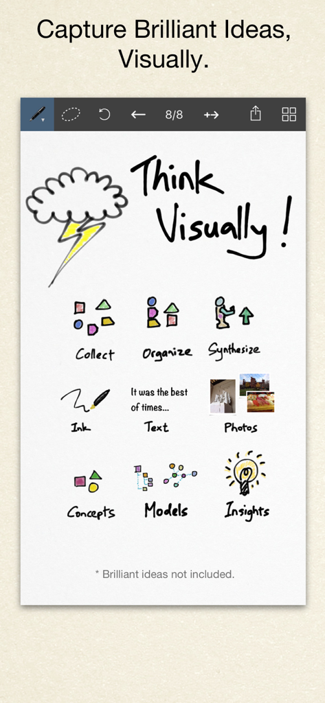 Inkflow Plus Visual Notebook - A digital canvas in the Inkflow Plus app showcasing visual thinking tools like sketches text and photos for organizing ideas